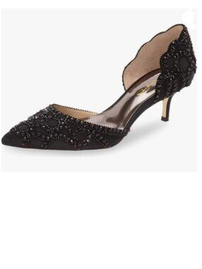 XYD Black Pump Pointed Toe D'Orsay Kitten Heel Rhinestone Studs Slip-On Shoes